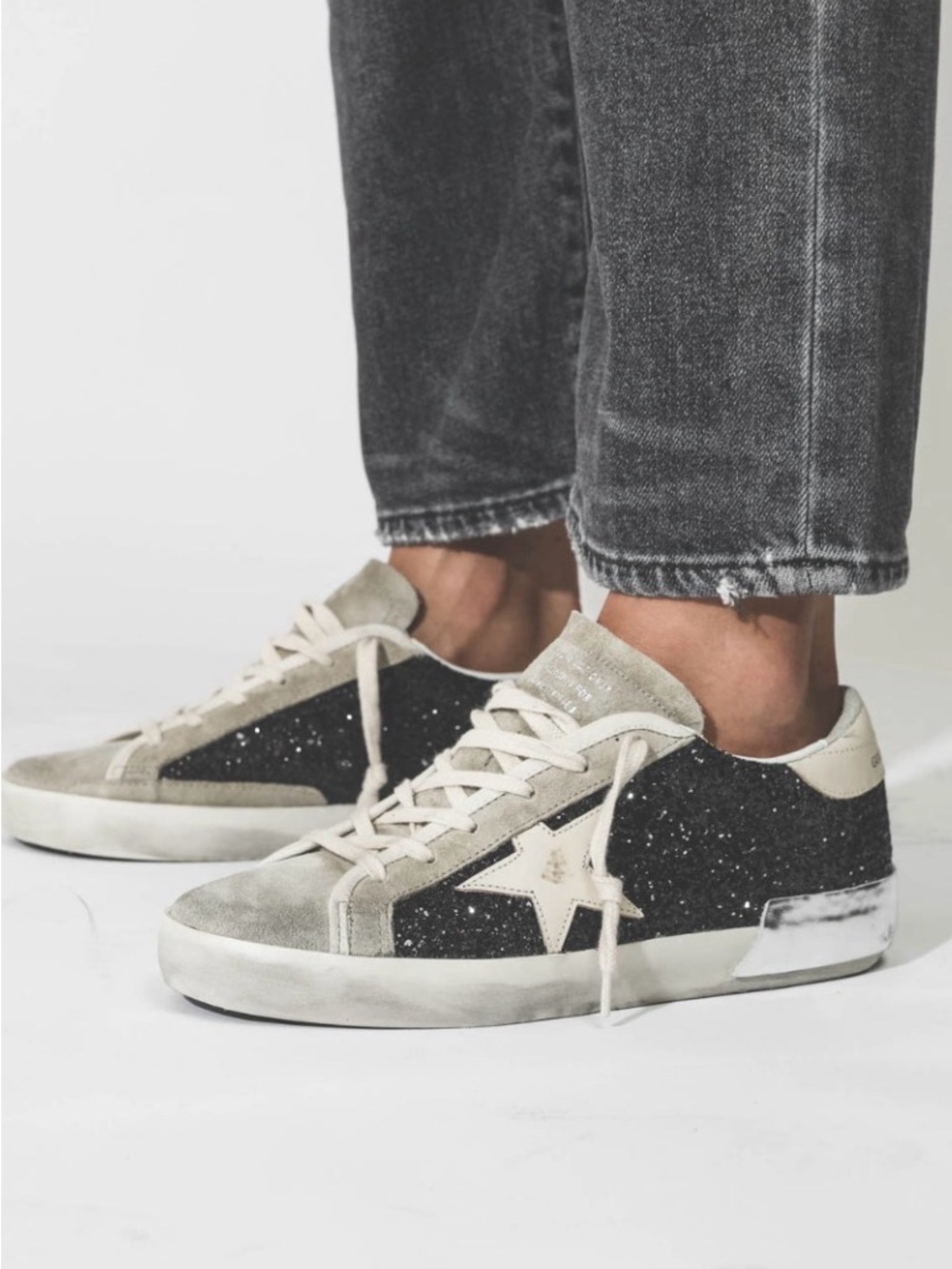 Golden Goose Super-Star Black Glitter Low-Top Sneakers with Cream Accents